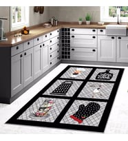 Siyah Lets Cook Aşçı Eldiven Desenli Yıkanabilir Kaymaz Taban Leke Tutmaz Modern Mutfak Halısı