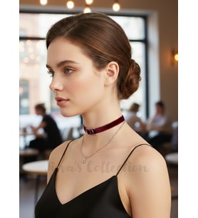 Bordo Kadife Çift Zincirli Halka Detaylı Choker Kolye. Özel Tasarım