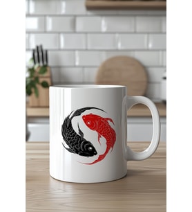 Yin Yang Balık Desenli 330ml Baskılı Beyaz Seramik Kupa Bardak