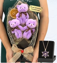 Kişiye Özel Büyük Boy 3'lü Peluş Ayıcık Buketi ve Gerçek Ametist Taşlı Lotus Kolye (Model 2)