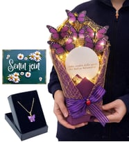 Premium Set Led Işıklı Aynalı Kelebek Buketi ve Kelebek Kolye Hediye Seti