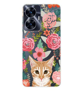 Realme C55 Uyumlu Kedi ve Çiçek Desenli Şeffaf Telefon Kılıfı