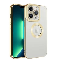 Coverzone Apple iPhone 14 Pro Max ile uyumlu K?l?f Kamera Korumal? Logo G�steren Parlak renk kenar �izgileri ile ??k bir tasar?m Colored Z-Omega Kapak Gold