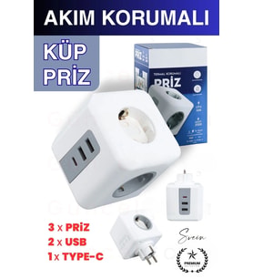Premium 3'lü Duvar Çocuk ve Akım Korumalı Isıya Dayanıklı Çoklu Küp Priz Usb Type-C Girişli Topraklı