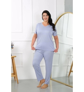 Giyim Kadın Büyük Beden Kısa Kol Penye Pijama Takımı Lila