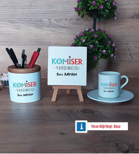 Komiser Yardımcısı Hediye Seti Dekoratif Taş, Kalemlik, Ahşap Altlıklı Türk Kahvesi Fincanı Hediye (Model 2)