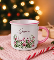 BK Gift Kişiye Özel Çiçek Tasarımlı Pembe Emaye Kupa Bardak -5, Arkadaşa Hediye, Sevgiliye Hediye