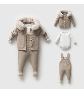 8332N Unisex Bebek Triko Düğmeli Hırkalı 3'lü Naturel Yün Salopet Takım