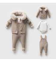 8332N Unisex Bebek Triko Düğmeli Hırkalı 3'lü Naturel Yün Salopet Takım
