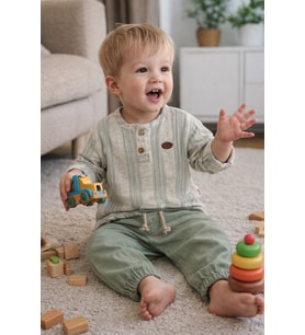 Katlanabilir Kollu Müslin Üst ve Pantolon Erkek Bebek İkili Set Takım Babyhola 2218 (Yeşil)