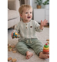Katlanabilir Kollu Müslin Üst ve Pantolon Erkek Bebek İkili Set Takım Babyhola 2218 (Yeşil)