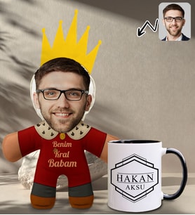 BK Gift Kişiye Özel Fotoğraflı Kral Babam Tasarımlı Bebek Yastık-1 & Siyah Kupa Bardak Hediye Seti-5, Babalar Günü Hediye, Babaya Hediye