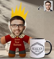 BK Gift Kişiye Özel Fotoğraflı Kral Babam Tasarımlı Bebek Yastık-1 & Siyah Kupa Bardak Hediye Seti-5, Babalar Günü Hediye, Babaya Hediye