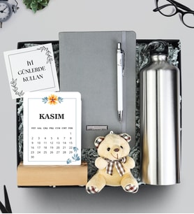 Çelik Matara & Gri Defter & Kalem & Takvim & Ayıcık Hediye Seti