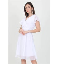 Neşeli Butik Kadın Kruvaze Yaka Bağlama Detaylı Yeni Sezon Şifon Elbise NB8081 (Beyaz)