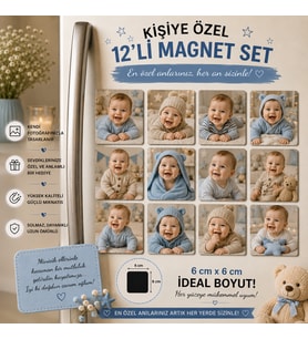12'li Kare Fotoğraf Magneti Erkek Bebeğe Kişiselleştirilebilir Bebek Anı Hediye Seti