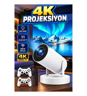 Çift Kollu 4K Projeksiyon Cihazı – Wi-Fi 6, Bluetooth 5.0, Ekran Yansıtma ve Taşınabilir Tasarım