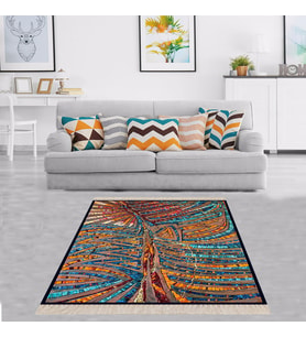 Renkli Ağaç Desenli Dijital Baskı Yıkanabilir Kaymaz Taban Etnik Kilim Desen Salon Halısı ve Yolluk (Turkuaz)