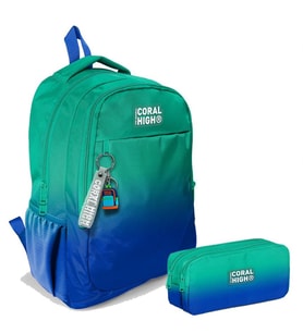 Coral High Erkek Çocuk Yeşil Saks Renk Geçişli İlkokul ve Ortaokul Sırt Çantası ve Kalemlik Seti