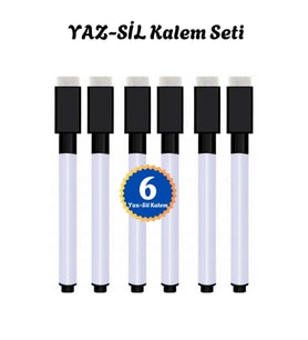 YAZ SİL Kalemi Seti - Yazı Tahtası Kalemi (6 Adet Siyah)