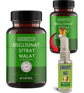 Magnezyum: 2 Adet Bisglisinat Magnezyum Sitrat Magnezyum Malat & Vitamin B2 B3 B6 ve Mineral Kapsülleri 60LI 2 Adet + 30 ml Çörek Otu Yağı