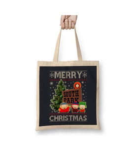 South Park Merry Christmas Knit Yılbaşı Beyaz Bez Çanta Uzun Saplı Alışveriş Çantası Plaj Çantası