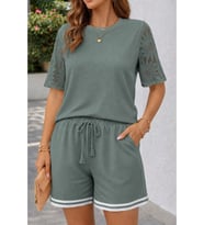 Kadın Kısa Kollu Bisiklet Yakalı Waffle Bluz Ve Short Ikili Takım