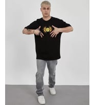 Unisex Bisiklet Yaka Baskılı Oversize T-Shirt - Siyah