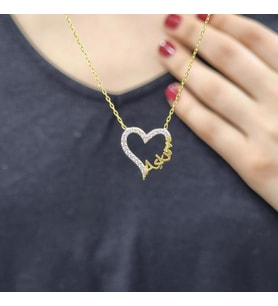 Kalp Aşkım Zirkon Taşlı Gold Kaplama 925 Ayar Gümüş Kolye (Karışık)