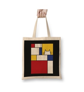 Piet Mondrian Inspired Cat Kedi Beyaz Bez Çanta Uzun Saplı Alışveriş Çantası Plaj Çantası