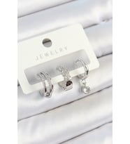 Pirinç Zirkon Taşlı Halka Model Gümüş Renk 3'lü Çift Kadın Küpe Set 5 - SSSSSS2901-6