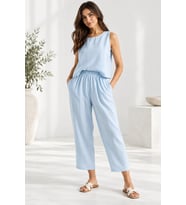Beli Lastikli Modal Pantolon & Kalın Askılı Bluz Takımı - Acı Kahve