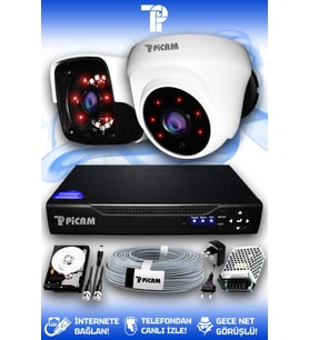 PICAM 2 Kameralı Panda 1 İç Kamera Set 250 GB HDD Full HD Gece Görüşlü Güvenlik Kamerası Sistemi