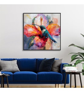 Yağlı Boya Dokulu Tablo Modern Renkli Sinek Kuşu Siyah Çerçeveli U04029