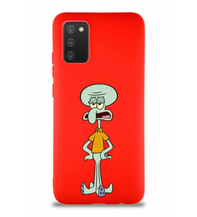 Samsung Galaxy A02S Soft Premier Kapak Squidward Dokunaç Tasarımlı Silikon Kılıf - Kırmızı (Şeffaf)