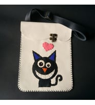 Şaşkın kedi el yapımı bej deri kadın omuz çantası