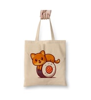 Cute Cat On Sushi Salmon Cartoon Beyaz Bez Çanta Uzun Saplı Alışveriş Çantası Plaj Çantası
