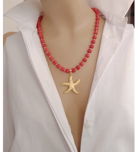 Maris Lav Taşı & Altın Deniz Yıldızı Kolye Mor Siyah Kırmızı