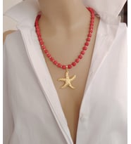 Maris Lav Taşı & Altın Deniz Yıldızı Kolye Mor Siyah Kırmızı