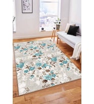 Turkuaz Çiçekli Kaymaz Taban Makinede Yıkanabilir Halı BH02 - 100 x 160 cm