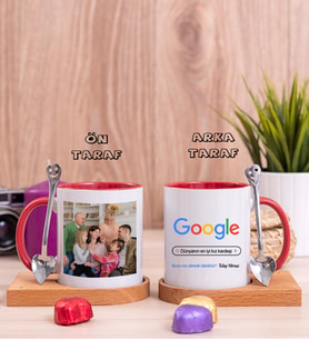 Kız Kardeşe Hediye Google Tasarım Fotoğraflı Ahşap Altlıklı Kırmızı Kupa