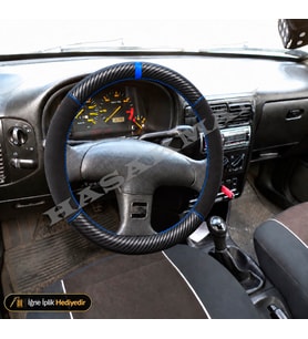 Seat Cordoba Mk1 Dikme Direksiyon Kılıfı Alcantara Süet Mat Karbon Mavi Yüzük ve Dikiş Stella-Signo-Tuşsuz 1999-2002