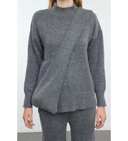 Tarz Kadın Modern Moda Normal Bel Boru Paça Balıkçı Yaka Çanta Detaylı Triko Alt-Üst Takım (Antrasit)