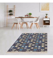 Çini  Desenli Etnik Dijital Baskı Yıkanabilir Kaymaz Taban Modern Salon Halısı ve Yolluk (İndigo)