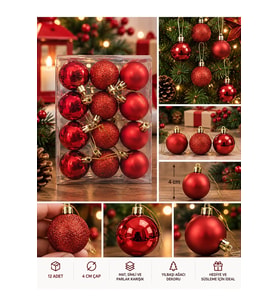Yeni Yıla Özel 12 Parça Yılbaşı Çam Ağacı Topları Kırmızı Renkli Noel Ağacı Süs Topları 4 CM