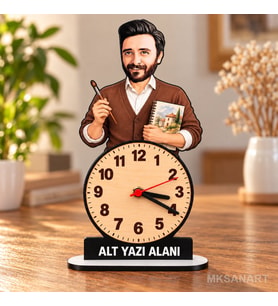 Erkek Öğretmen Karikatürlü Kişiye Özel Karikatürlü 18 cm MDF Dikey Masa Saati - Öğretmen Hediyesi Öğretmenler Günü Hediyesi Resim