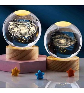 Exenet Samanyolu Galaksi & Toz Bulutu 2'li Set Kristal Cam Kar Küresi – Usb’li Doğal Ahşap Tabanlı 3D Özel Lazer Işleme LED Dekoratif Lamba, Sürpriz Şık Zarif Top Biblo Konsept Hediyelik Eşya