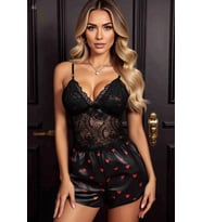 Mulvxbrf Brf02 Kadın Siyah Kırmızı Kalp Desenli Saten Şortlu Pijama Takımı (Mulvix)