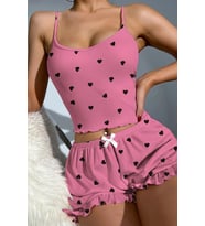 Kadın Fırfır Detaylı Askılı Mini Şortlu Pijama Takımı Kaşkorse Fitilli (Pembe)