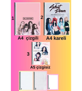 blackpink 3 adet defter seti A4 büyük boy 72 sayfa çizgili_kareli + A5 çizgisiz defter seti